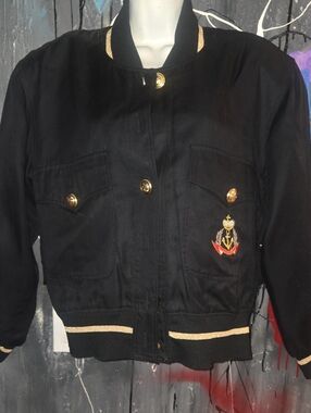 Women's Black Bomber Blazer with Gold Trim and Embroidered Crest